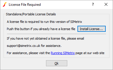 The SIMetrix select license dialog